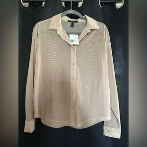 Two Forever 21 Cream & Black Long Sleeve Mesh Button Down Shirt